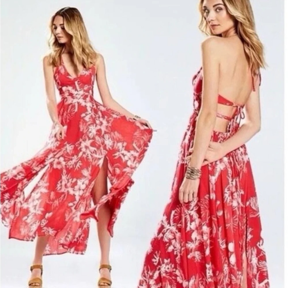 Free People Red Floral Lille Halter Cutout Tie Back Flowy Boho Maxi Dress S - Picture 3 of 10